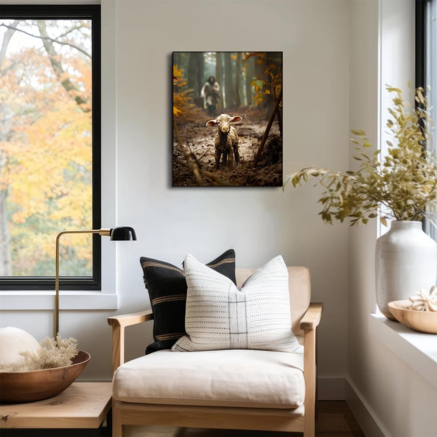 Religious Wall Decor for Prayer Room Christian Wall Art for Christmas Decorations Indoor Jesus and Lamb Canvas Wall Prints Jesus Running after Lost Lamb Picture for Home Decor Baptism Gifts for Boys-Girl Serenity Prayer Wall Art Christian Gifts for Women,