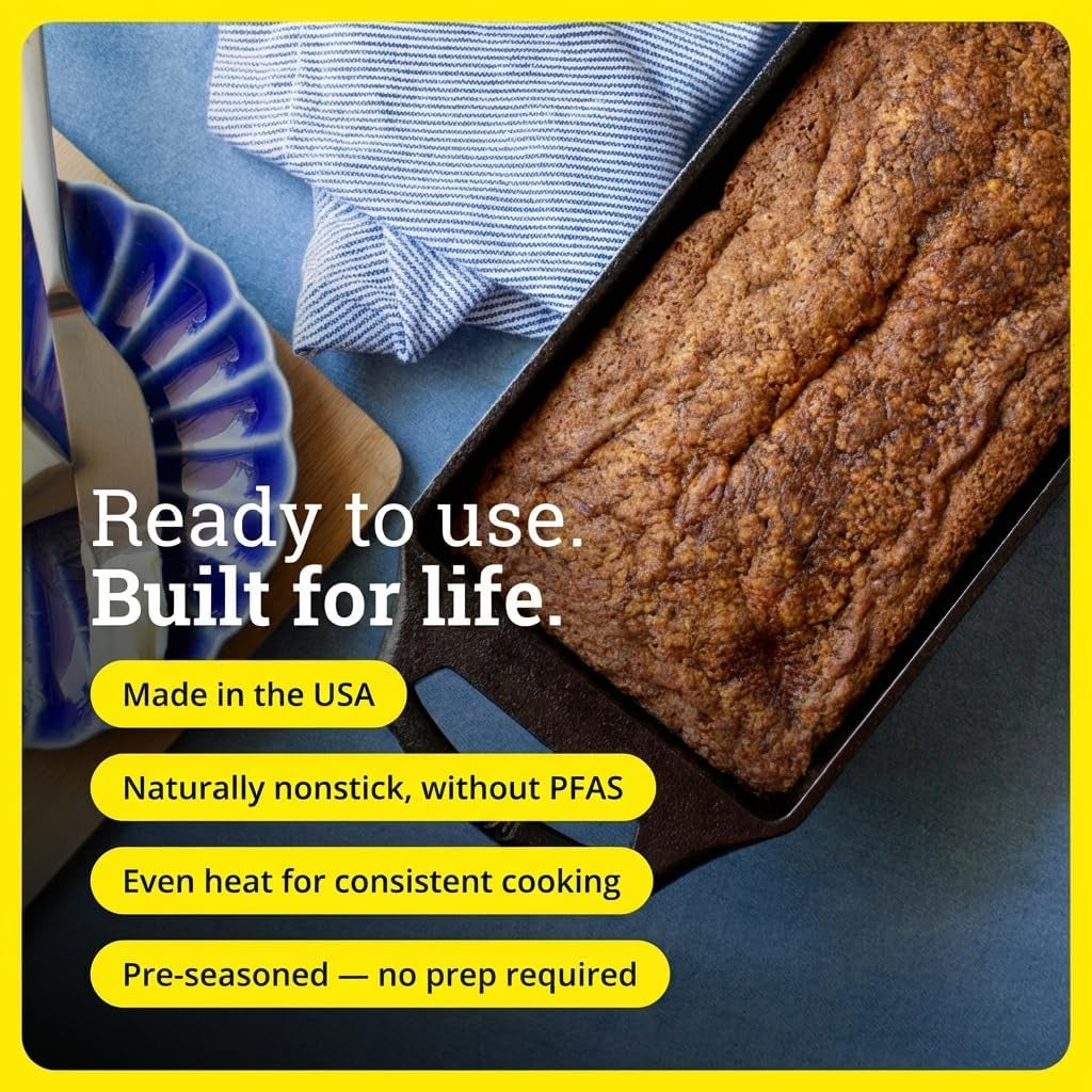 Seasoned Cast Iron Loaf Pan 8.5 Inches - Pre-Seasoned Rectangular Cast Iron Bakeware- Even Browning Bread Pan with Easy-Release Finish - Pfas-Free Non-Toxic Cookware