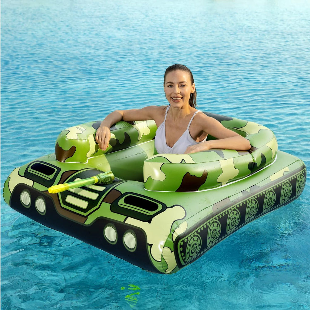 Inflatable Tank Swimming Pool Floaties with Water Cannon Gun Swim Floaty Rafts for Lake, Beach & Pool Party Toys for Boys, Girls, Kids & Adults- Green