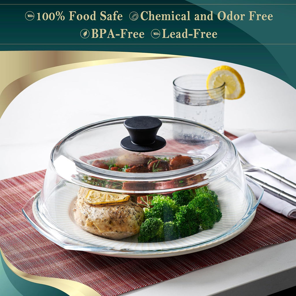 Le’Raze Tall Glass Microwave Splatter Cover for Food - Cookware & Bakeware Serving Dish Cover, Plate Guard Lid with Easy Grip Silicone Handle Knob - 100% Food Grade BPA Free & Dishwasher Safe - 10In