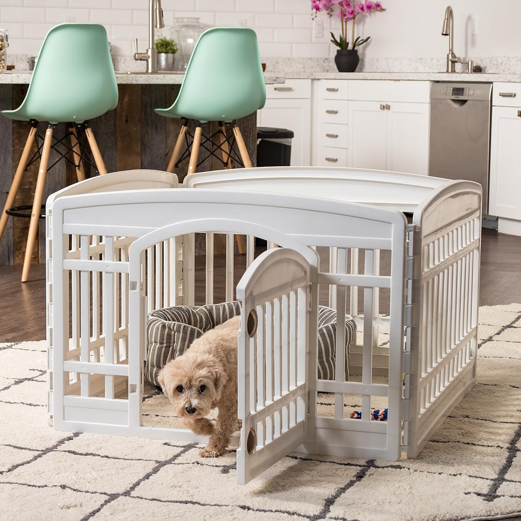 Dog Playpen with Door, 24” 4 Panel Pet Exercise Pen – Indoor Outdoor Puppy Play Pen, Portable Plastic Pet Fence for Small Medium Dogs, Foldable 35” X 35” X 24”, White