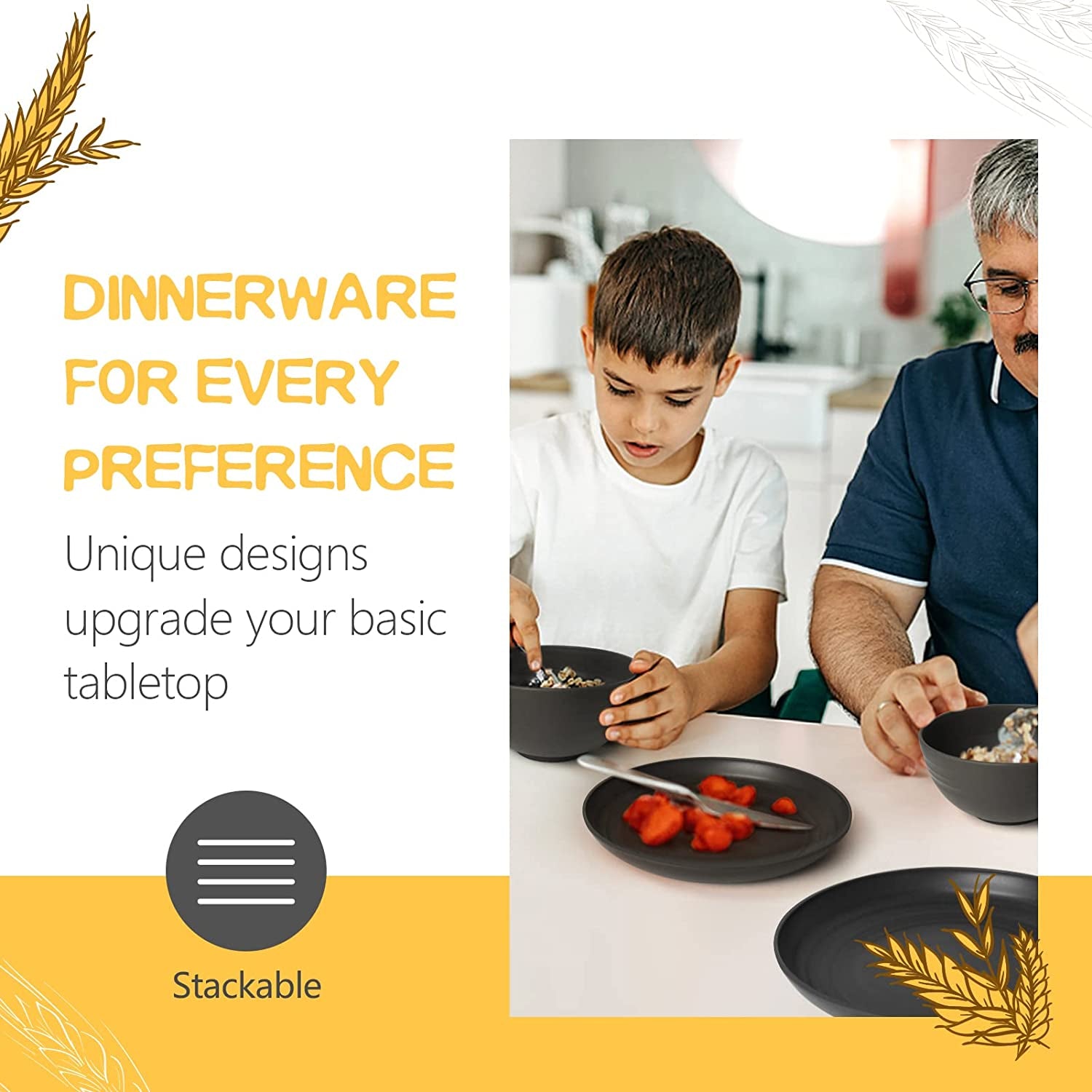 32-Piece Kitchen Plastic Wheat Straw Dinnerware Set, Service for 8, Unbreakable Modern Dish Set - Dinner Plate/Dessert Plate/Cereal Bowl/Cup, for Apartment Essentials, Outdoor Camping, Black