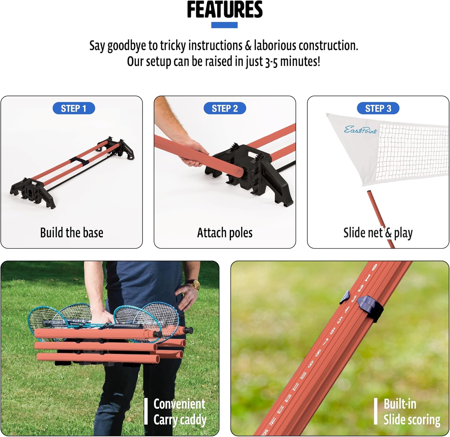 Easy Setup Badminton Set - 15 Ft Net, 4 Rackets, 2 Shuttlecocks - Quick Setup Net for Backyard Games - Steel Shaft Badminton Rackets for Family Games - Durable Shuttlecocks for Outdoors