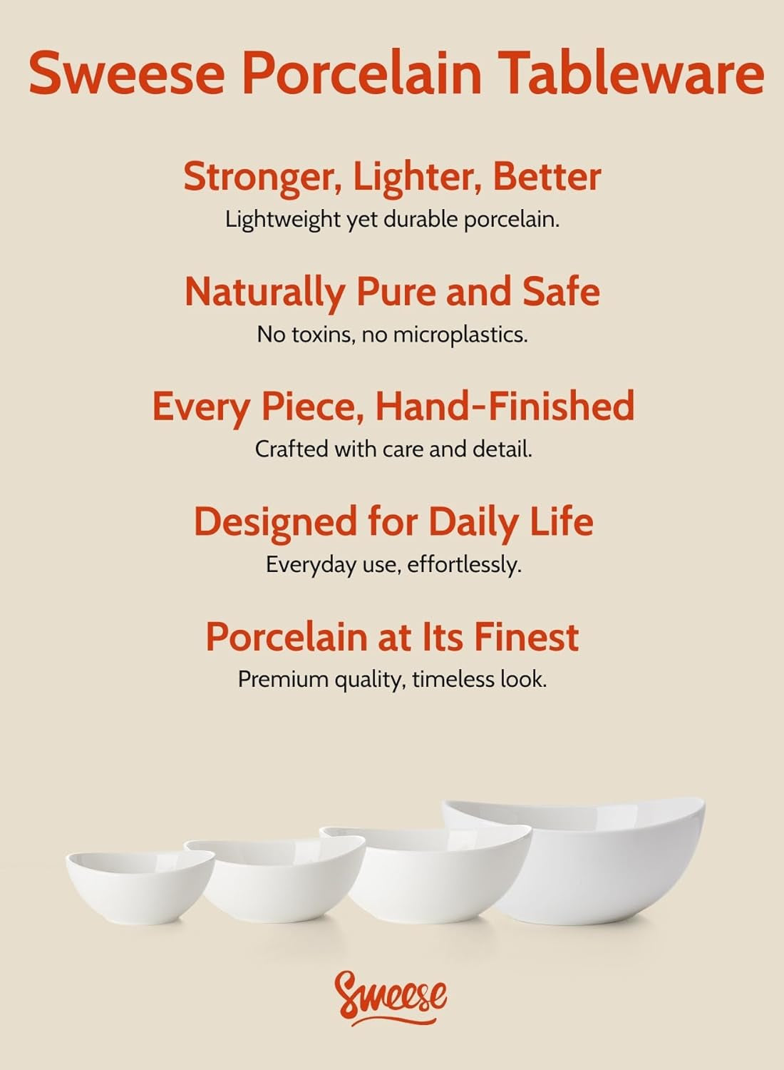 Porcelain Serving Bowls Set, 10-42 Oz, Versatile for Salad, Soup, Snacks, Microwave Dishwasher Safe, White