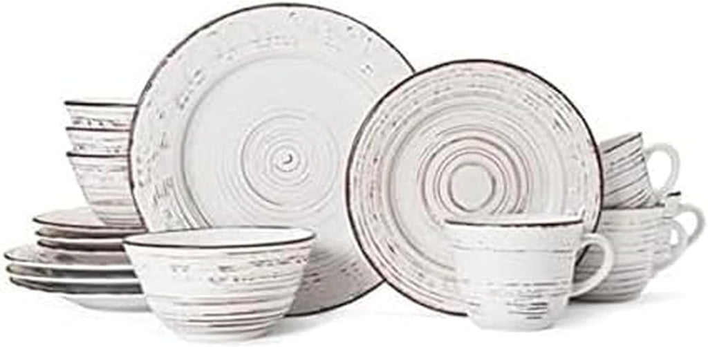 Trellis White 16-Piece Stoneware Dinnerware Set, Service for 4, Distressed White Finish, Microwave & Dishwasher Safe Plates and Bowls