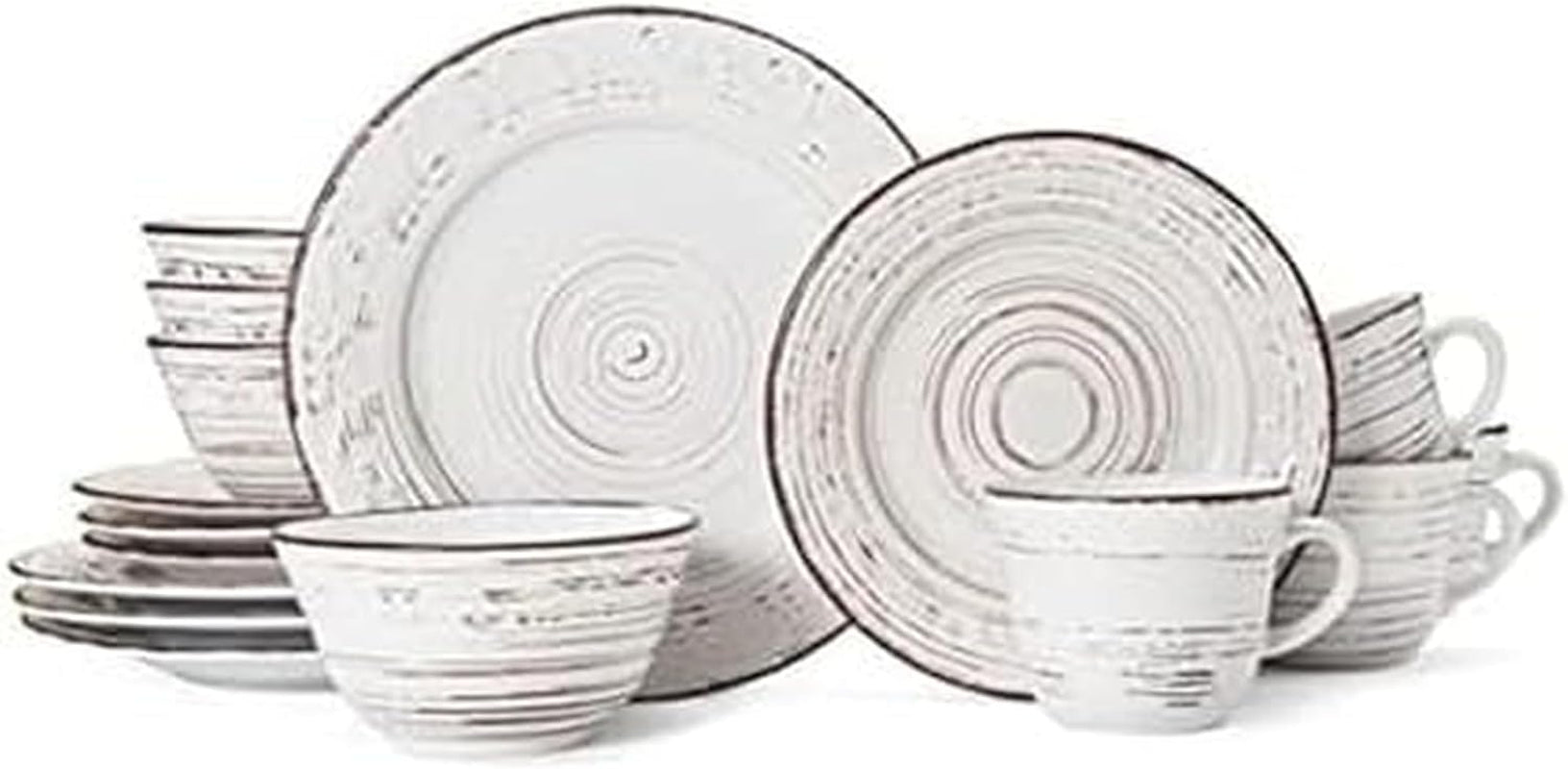 Trellis White 16-Piece Stoneware Dinnerware Set, Service for 4, Distressed White Finish, Microwave & Dishwasher Safe Plates and Bowls