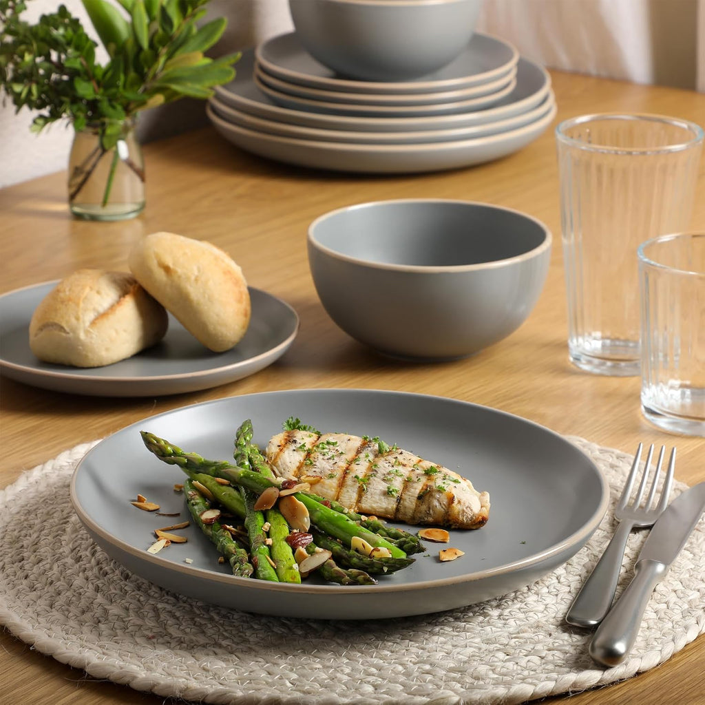 Rockaway 12-Piece Stoneware Dinnerware Set, Matte Finish, Service for 4, Modern Ceramic Plates and Bowls, Microwave & Dishwasher Safe – Soft Gray - Service for 4