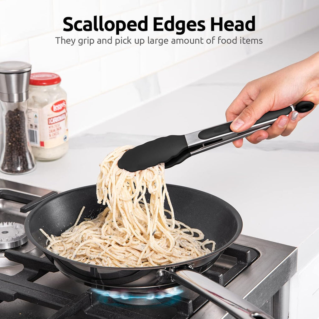 600ºf Heat Resistant Kitchen Tongs:  9 Inch Silicone Cooking Tong with Firm Sealed Non Stick Rubber Tips & Silicon Coated 18/8 Stainless Steel Handle & Smooth Locking for Serving Salad (Black)