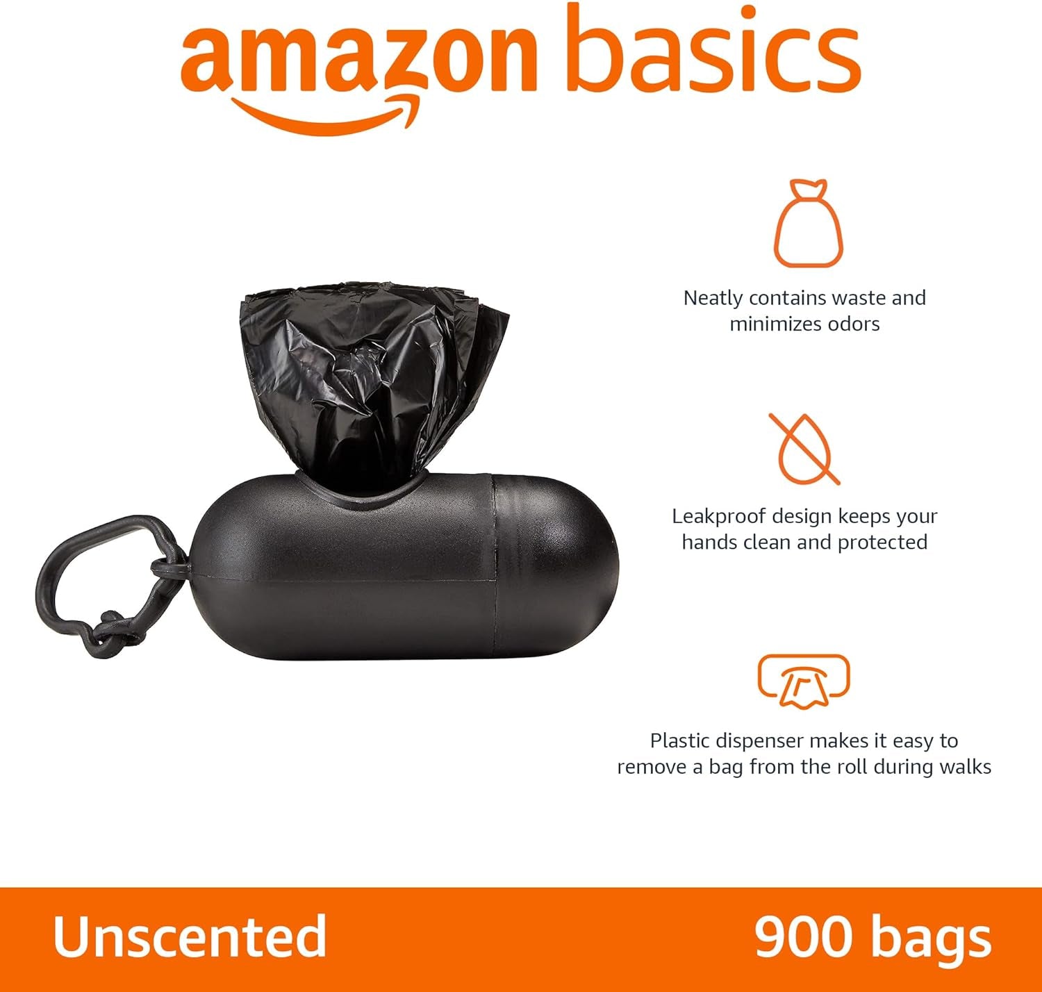 Dog Poop Leak Proof Bags with Dispenser and Leash Clip, Unscented, 13" X 9", 900 Count (60 Rolls)