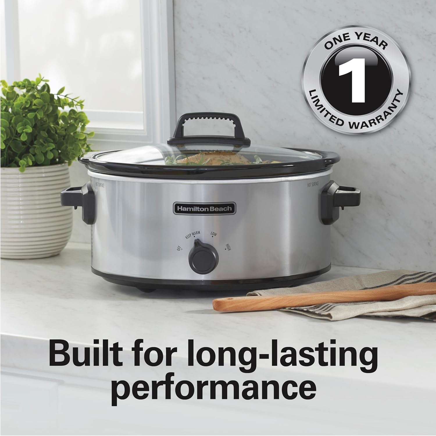 6-Quart Slow Cooker with 3 Cooking Settings, Dishwasher-Safe Stoneware Crock & Glass Lid, Silver (33665G)