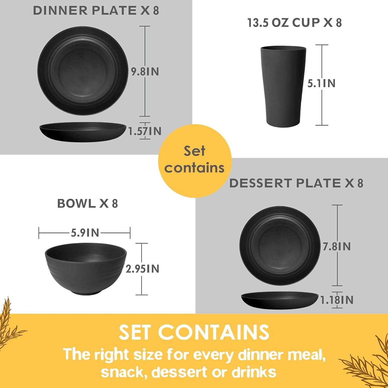 32-Piece Kitchen Plastic Wheat Straw Dinnerware Set, Service for 8, Unbreakable Modern Dish Set - Dinner Plate/Dessert Plate/Cereal Bowl/Cup, for Apartment Essentials, Outdoor Camping, Black