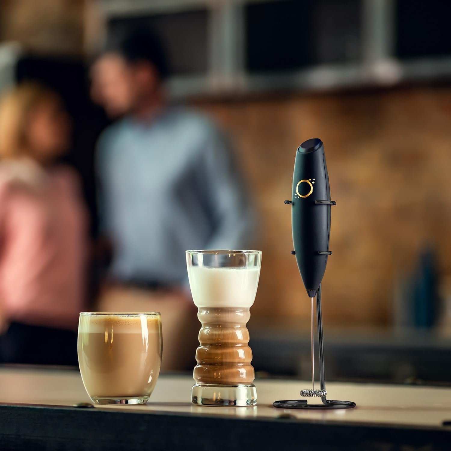 Milk Frother Matte Black - Coffee Frother Handheld with Electric Whisk - 19000 Rpm - Book Recipes and Stainless Steel Stand Included - Hand Mixer Electric (Matte Black Onyx)