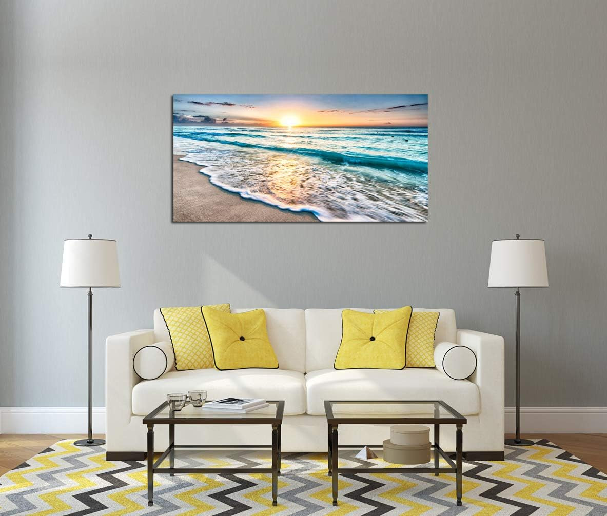 S02250 Canvas Prints Wall Art Beach Sunset Ocean Waves Nature Pictures Stretched Canvas Wooden Framed for Living Room Bedroom and Office