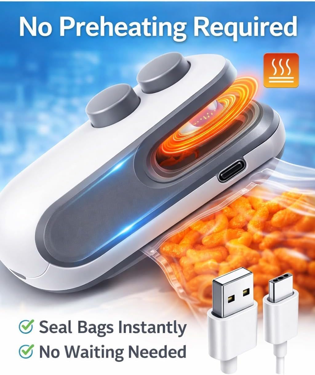 Zelivo Mini Bag Sealer with Cutter & Magnet, Rechargeable USB-C, 2-In-1 Portable Heat Sealer, White, Plastic, 5 Watts, Battery Powered