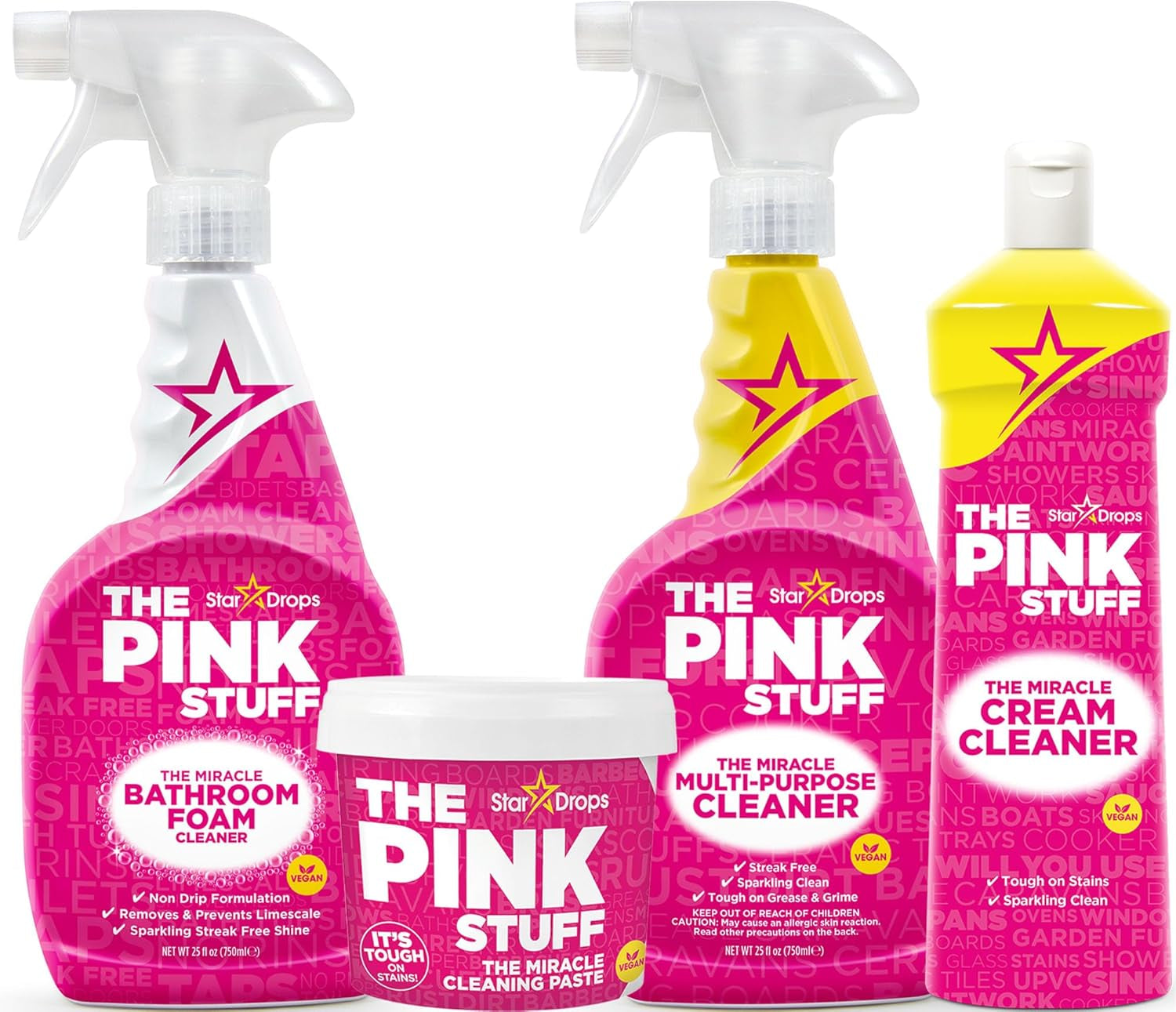 - the Pink Stuff - Miracle Cleaning Ultimate Bundle – Paste, Multi-Purpose Spray, Bathroom Foam Spray, and Cream Cleaner – Ideal for Kitchens, Bathrooms, Outdoors, and More