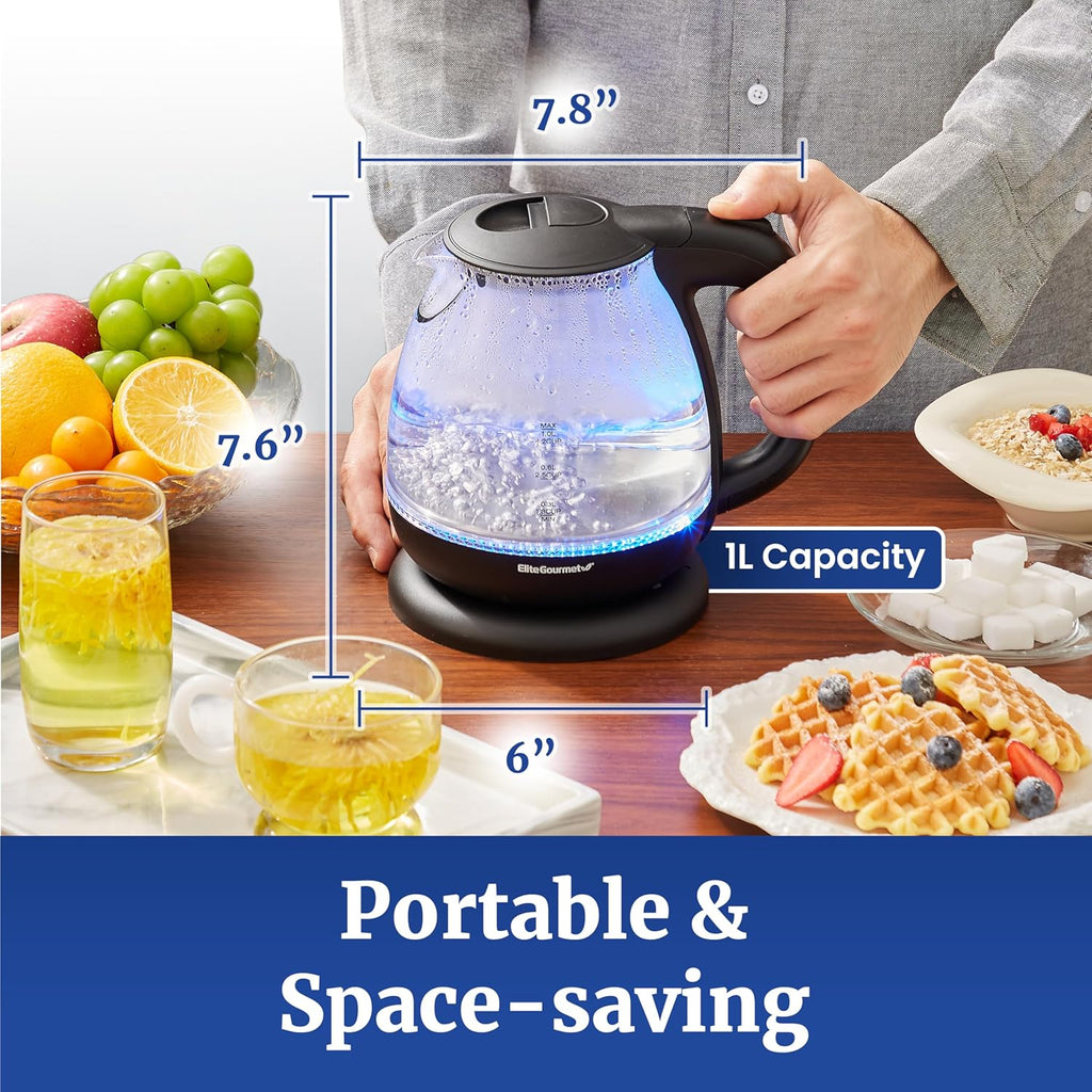 EKT1001 Electric 1.0L Bpa-Free 1100W Glass Kettle Cordless 360° Base, Stylish Blue LED Interior, Handy Auto Shut-Off Function – Quickly Boil Water for Tea & More, Black