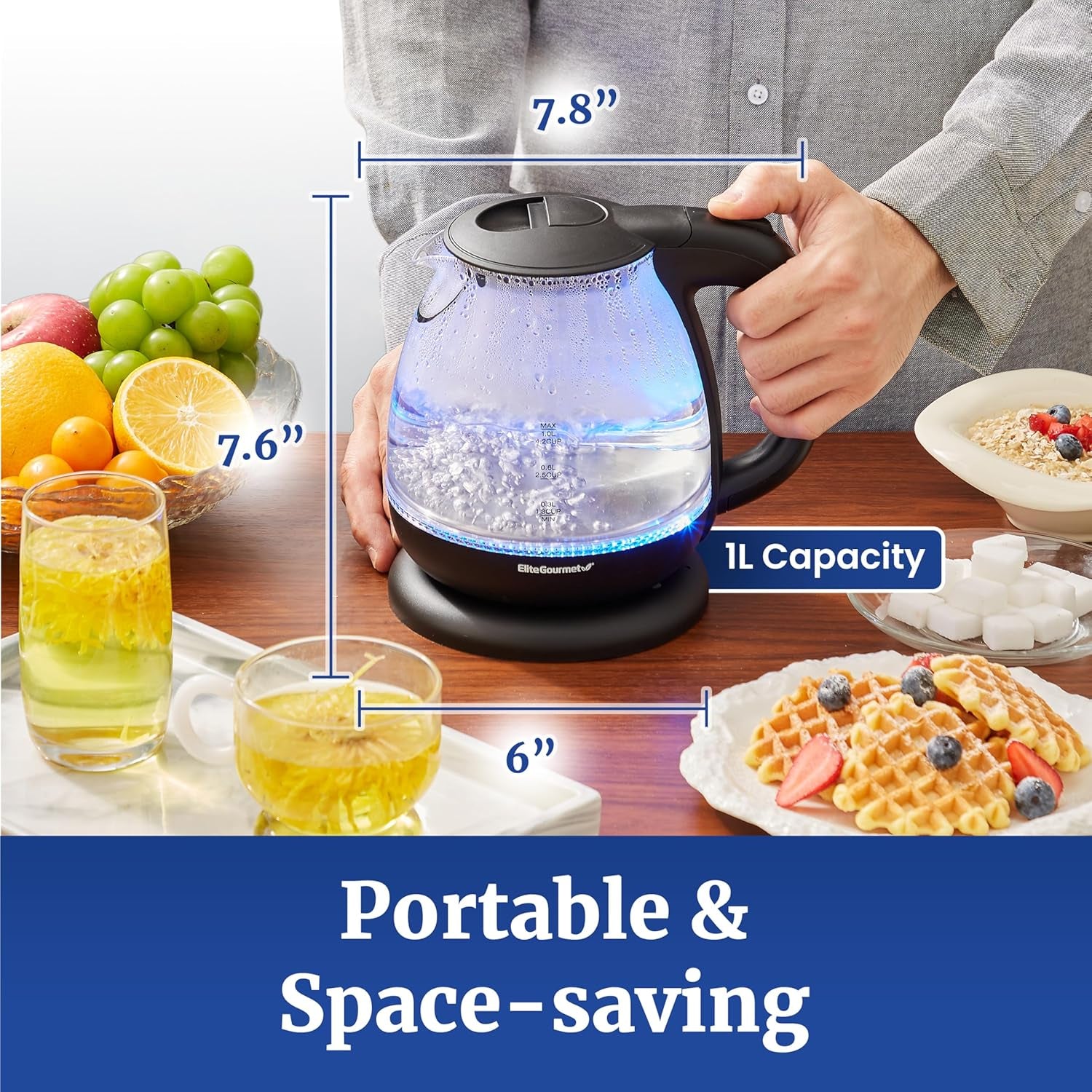 EKT1001 Electric 1.0L Bpa-Free 1100W Glass Kettle Cordless 360° Base, Stylish Blue LED Interior, Handy Auto Shut-Off Function – Quickly Boil Water for Tea & More, Black