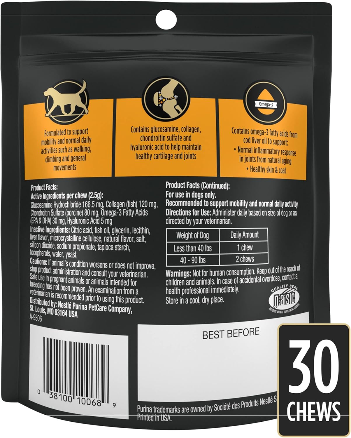Purina Pro Plan Veterinary Small Breed Dog Joint Care Supplement with Glucosamine, Chondroitin, and Collagen to Support Hip and Joint Health – 30Ct Pouch