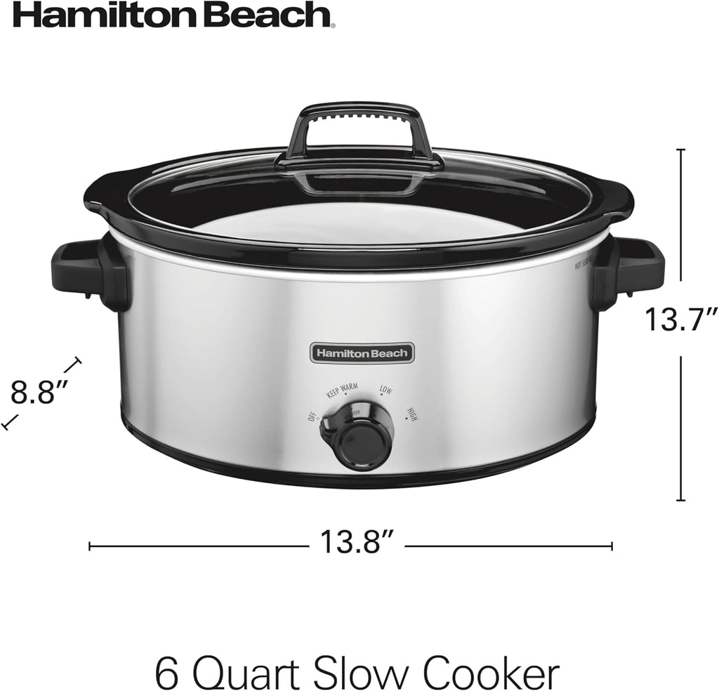 6-Quart Slow Cooker with 3 Cooking Settings, Dishwasher-Safe Stoneware Crock & Glass Lid, Silver (33665G)