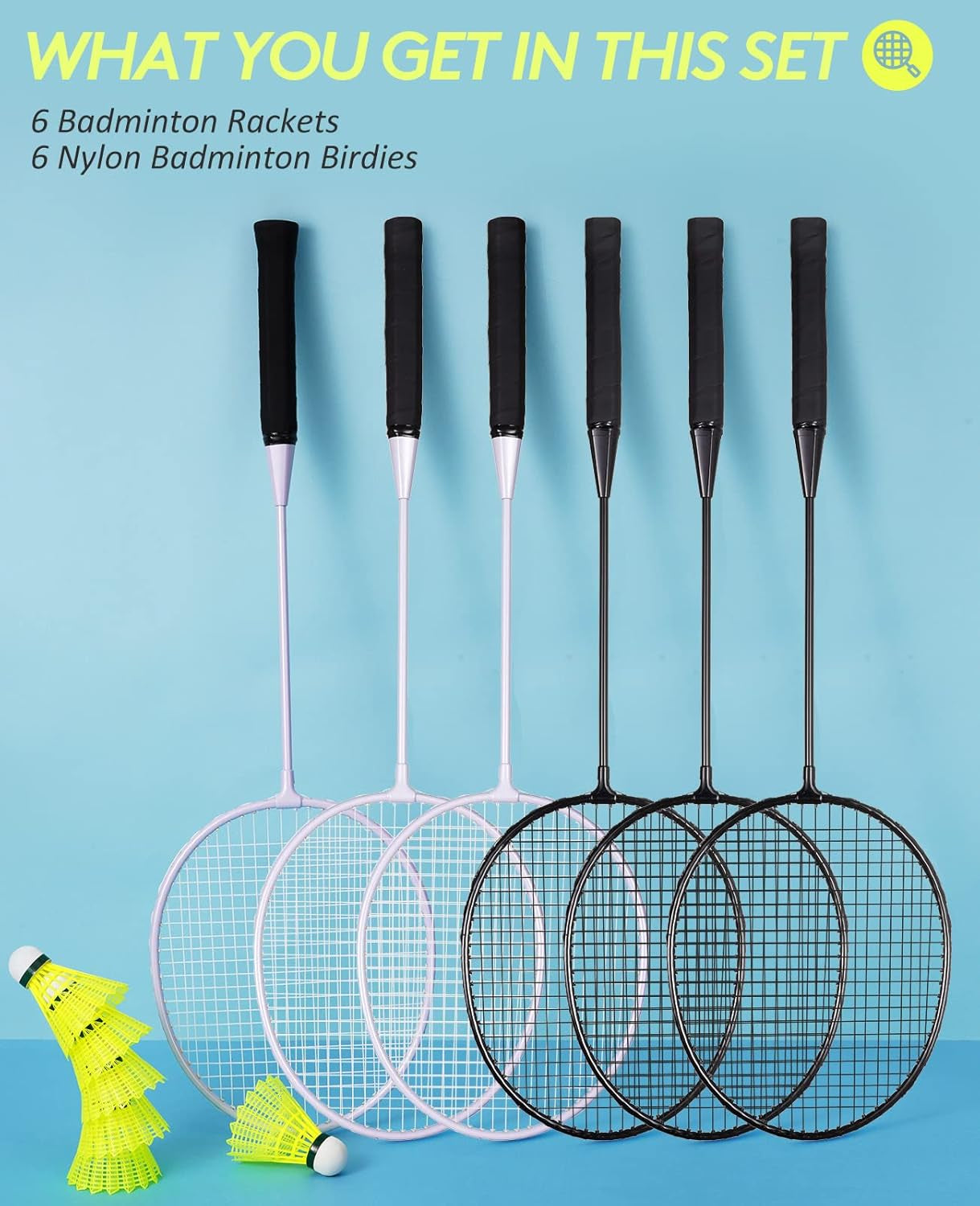 Badminton Rackets Set, Lightweight & Durable Badminton Set (Includes 6/12 Racquets, 6/12 Birdies), Outdoor Backyard & School Games for Adults, Teens, Families and Beginners