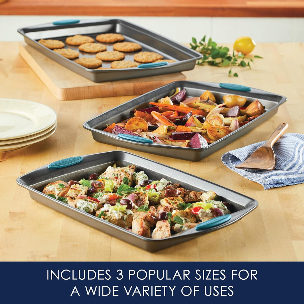 Bakeware Nonstick Cookie Pan Set, 3-Piece, Gray with Agave Blue Grips