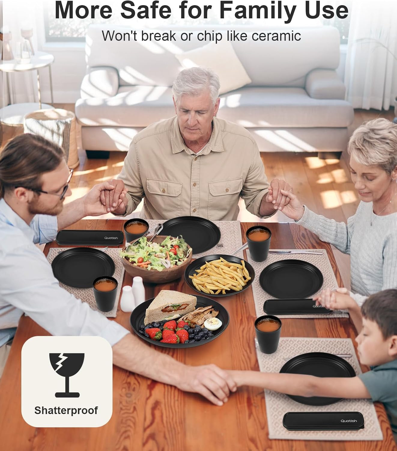 24 Piece Plates and Bowls Sets for 6, Unbreakable Dinnerware Sets, Dish Set for Camping, Dishwasher Microwave Safe, Outdoor Kitchen and Apartment Dinning RV Essentials, Black