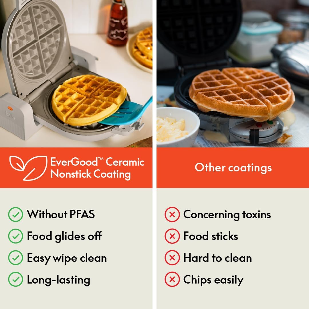 Flip-N-Store Waffle Maker with Evergood™ Ceramic Nonstick Coating, Fits-Anywhere™ Kitchenware, Power Indicator Light, Cool Touch Handle & Cord Wrap, 7” Wide & 1" Deep Plates, 1000 Watt, Oatmilk
