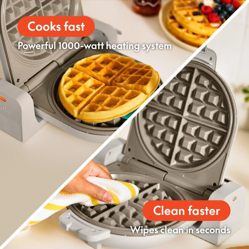 Flip-N-Store Waffle Maker with Evergood™ Ceramic Nonstick Coating, Fits-Anywhere™ Kitchenware, Power Indicator Light, Cool Touch Handle & Cord Wrap, 7” Wide & 1" Deep Plates, 1000 Watt, Oatmilk