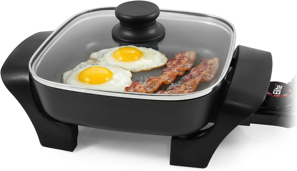 EG808 Electric Skillet 8"X8" Non-Stick Coating, Tempered Glass Lid, Removable Thermostat 200°F–400°F, Dishwasher Safe, 600W Compact 2.5-Qt Capacity for Eggs, Bacon & One-Pot Meals, Black