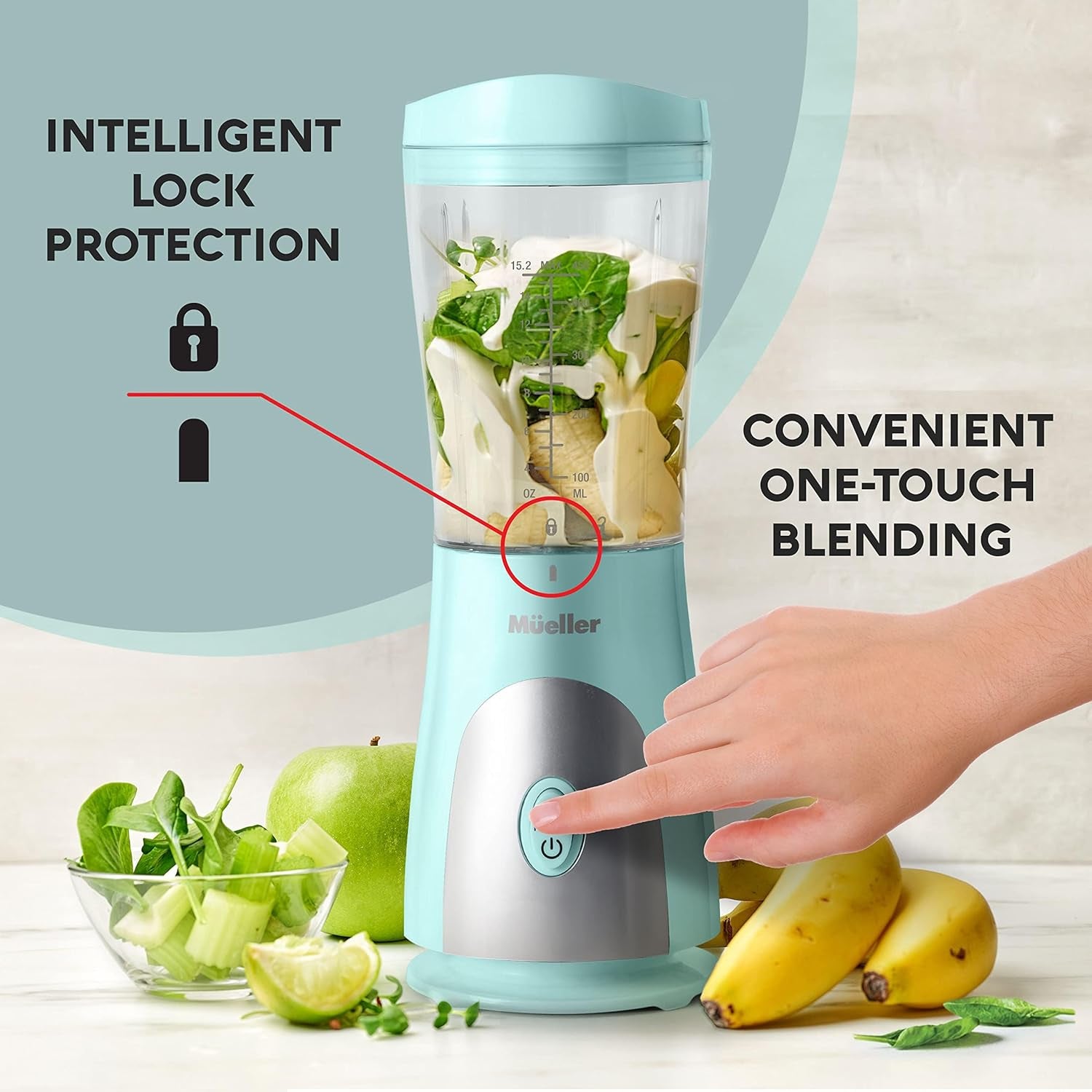 Heavy-Duty Personal Blender for Shakes and Smoothies with a 15 Oz Travel Cup and Lid, Juices, Baby Food, Portable Blender & Food Processor, Turquoise