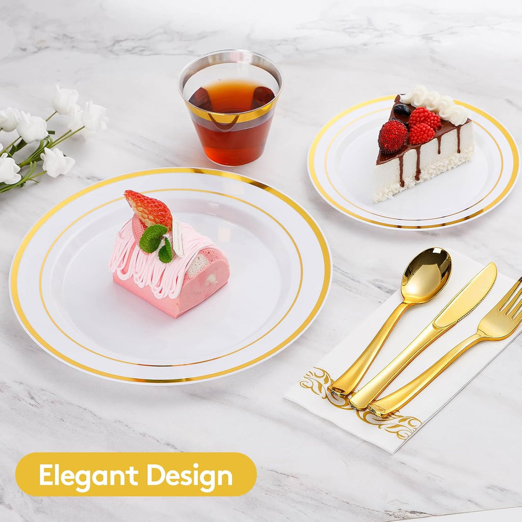 175 Pieces Gold Dinnerware Set for 25 Guests, Plastic Plates Disposable for Party, Include: 25 Dinner Plates, 25 Dessert Plates, 25 Paper Napkins, 25 Cups, 25 Gold Silverware Set