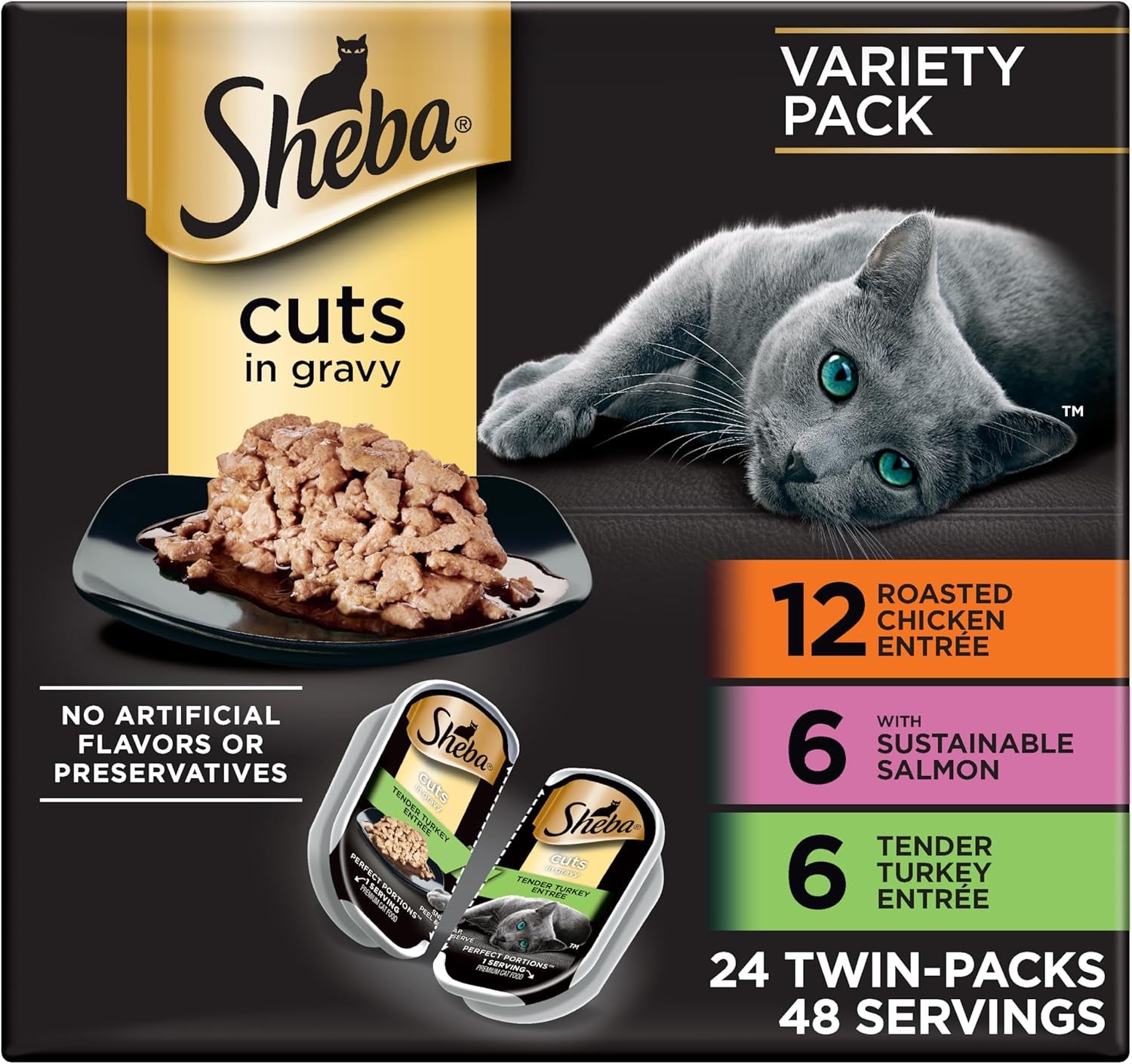 Perfect Portions Wet Cat Food Cuts in Gravy, Cat Food Wet Recipe, Roasted Chicken Entree, with Sustainable Salmon, Tender Turkey Entree, 2.6 Oz. Twin-Pack Trays (24 Count, 48 Servings)
