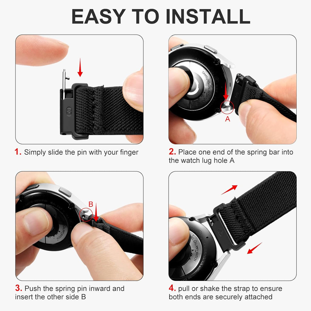Elastic Bands Compatible with Samsung Galaxy Watch 8 7 6 5 4 40Mm 44Mm/Galaxy Watch 8 Classic 6 4 Classic 43Mm 47Mm 42Mm 46Mm/5 Pro Band 45Mm/Active 2,3 Pack 20Mm Adjustable Nylon Sport Band