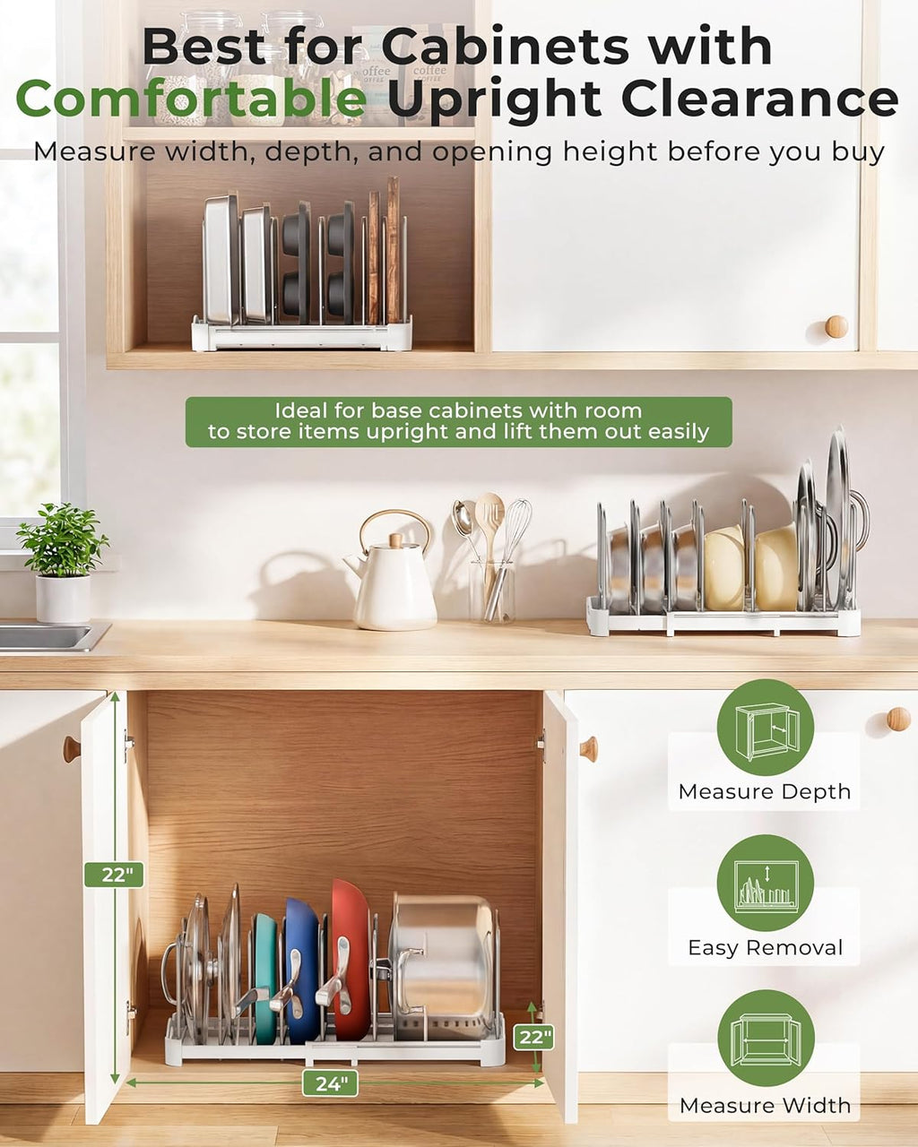 Adjustable Bakeware Organizer Pot Lid Holder Rack for Pots, Cake Molds, Cutting Boards, Mats, Cookware, GS02SS, 7.7'' Deep by 12.6'' to 21.5'' Wide