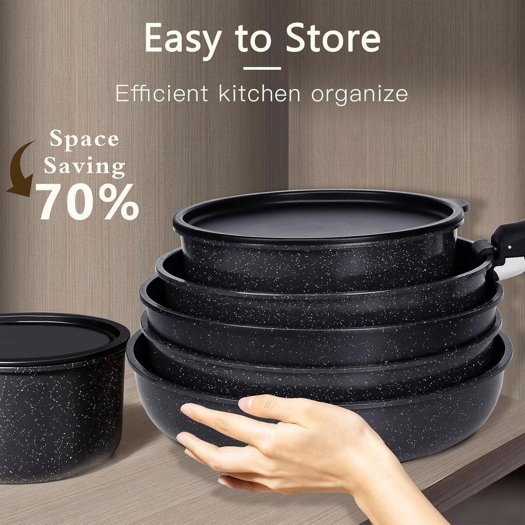 Ceramic Pots and Pans Set Non Stick, 11 Piece Nonstick Detachable Handle Cookware Sets, Non Toxic Induction Kitchen Pot and Pan with Removable Handle, Healthy RV Cookware, Dishwasher ＆Oven Safe