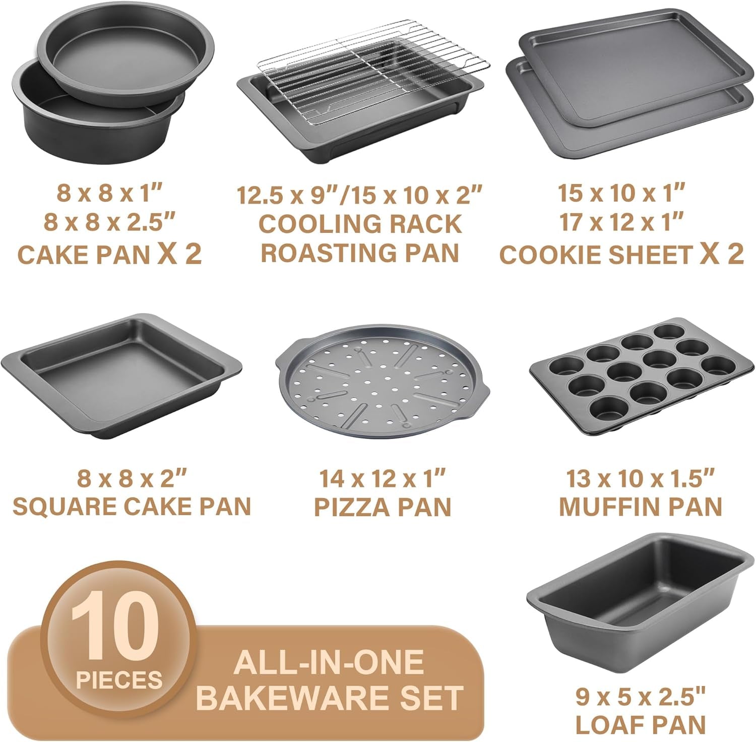 Bakeware Sets, Baking Pans Set, Nonstick Oven Pan for Kitchen with Wider Grips, 10 Pieces Including Rack, Cookie Sheet, Cake Pans, Loaf Pan, Muffin Pan, Pizza Pan - Grey