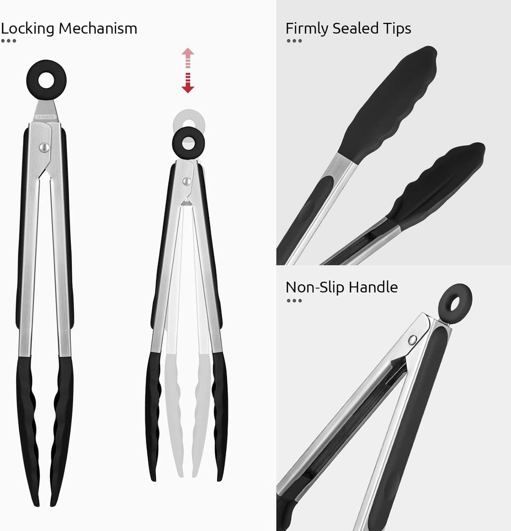600ºf Heat Resistant Kitchen Tongs:  9 Inch Silicone Cooking Tong with Firm Sealed Non Stick Rubber Tips & Silicon Coated 18/8 Stainless Steel Handle & Smooth Locking for Serving Salad (Black)