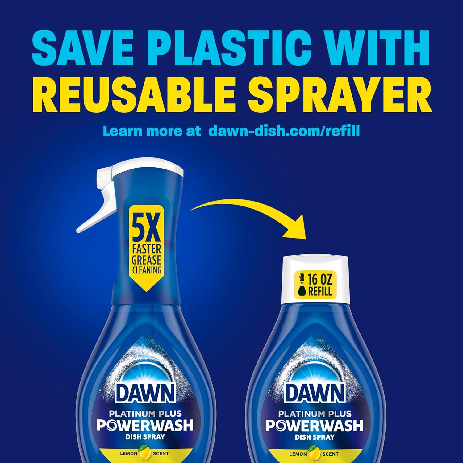 Powerwash Spray, Dish Soap, Dishwashing Liquid, Cleaning Supplies, Lemon, 1 Starter Kit + 3 Refills, 4 Units of 16Oz (64Oz)