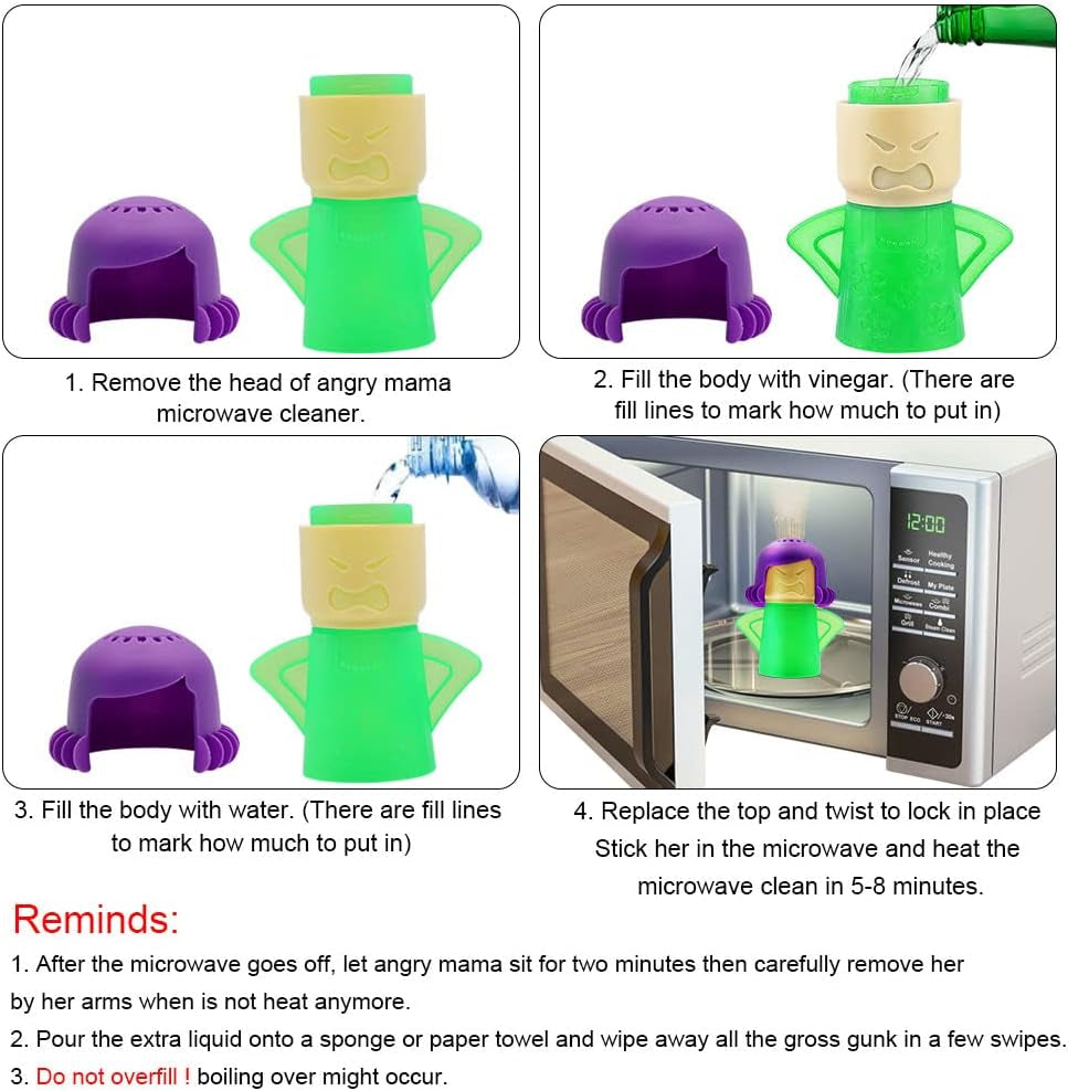 Microwave Cleaner, Angry Mama Microwave Cleaner Microwave Oven Steam Cleaner Easily Clean in Minutes Cleans Add Vinegar and Water for Home or Office with English Manual (Green)
