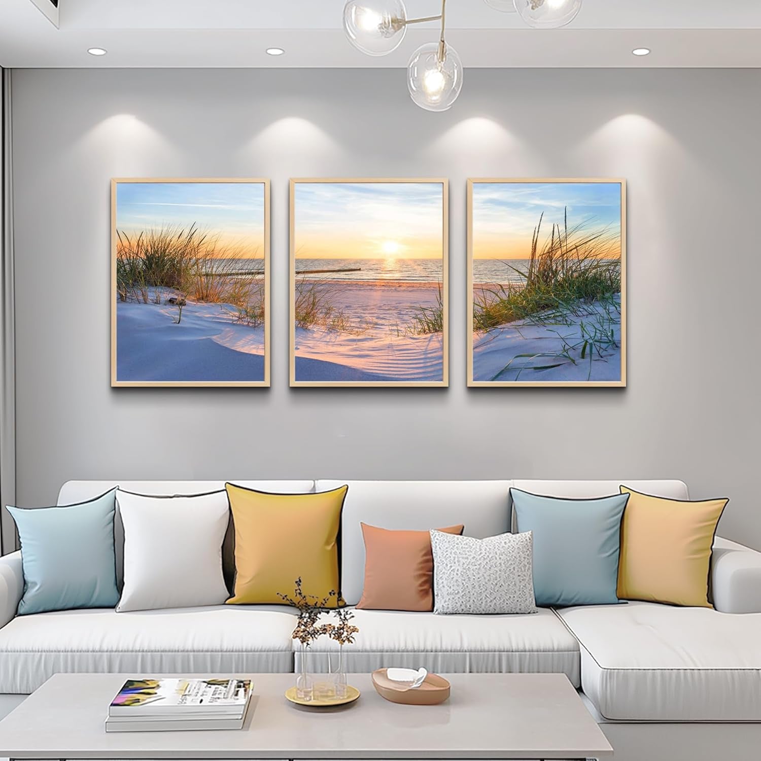 Natural Wood Framed Wall Art - Set of 3 Piece Framed Art Prints for Living Room, Bedroom, Office Wall Decor - Blue Beach Seascape Paintings Home Decor