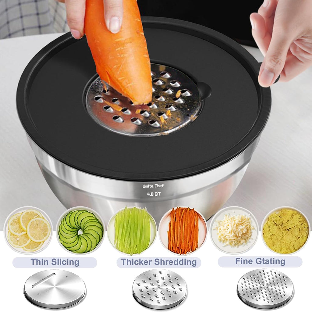 Mixing Bowls with Airtight Lids, 8PCS Stainless Steel Nesting Mixing Bowls Set, 3 Grater Attachments & Non-Slip Bottoms, Black Kitchen Bowls, Size 5, 4, 3.5, 2, 1.5QT for Baking & Serving
