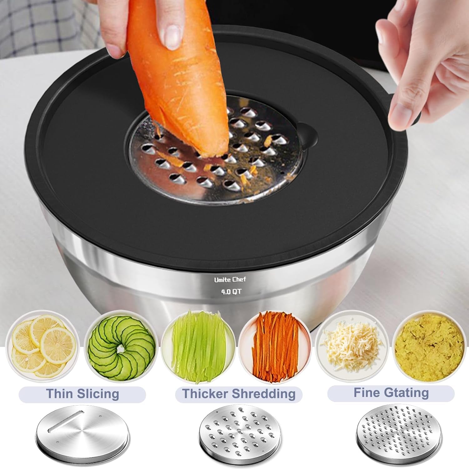 Mixing Bowls with Airtight Lids, 8PCS Stainless Steel Nesting Mixing Bowls Set, 3 Grater Attachments & Non-Slip Bottoms, Black Kitchen Bowls, Size 5, 4, 3.5, 2, 1.5QT for Baking & Serving