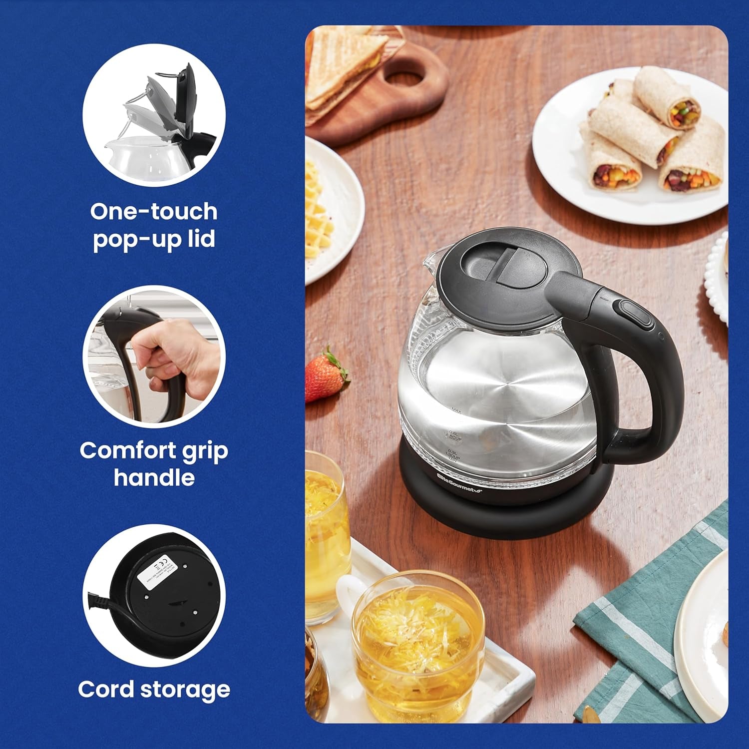 EKT1001 Electric 1.0L Bpa-Free 1100W Glass Kettle Cordless 360° Base, Stylish Blue LED Interior, Handy Auto Shut-Off Function – Quickly Boil Water for Tea & More, Black