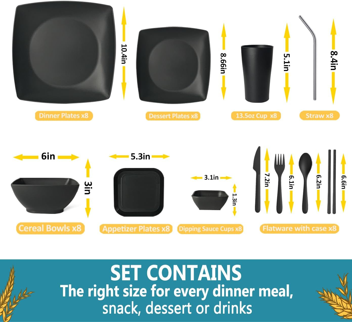 88-Piece with Flatware Plastic Kitchen Wheat Straw Square Dinnerware Set for 8, Unbreakable Dinner/Salad/Appetizer Plates, Snack Bowls, Dipping Sauce Cups,Tumblers, Dishwasher Safe Dish,Black