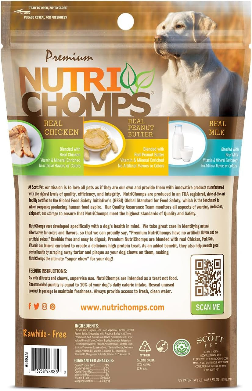 Nutrichomps Dog Chews, 5 Inch Twists, Real Chicken, Peanut Butter and Milk Flavors, 15 Count, Easy to Digest, Rawhide Free Dog Treats, Long Lasting, Vitamin and Mineral Enriched