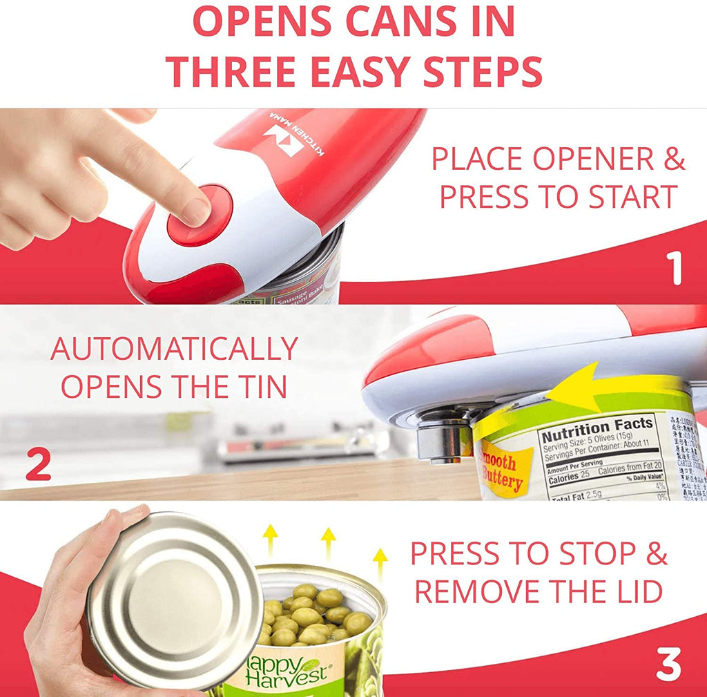 Auto Electric Can Opener: Open Your Cans with a Simple Press of Button - Automatic, Hands Free, Smooth Edge, Battery Operated, YES YOU CAN (Red)