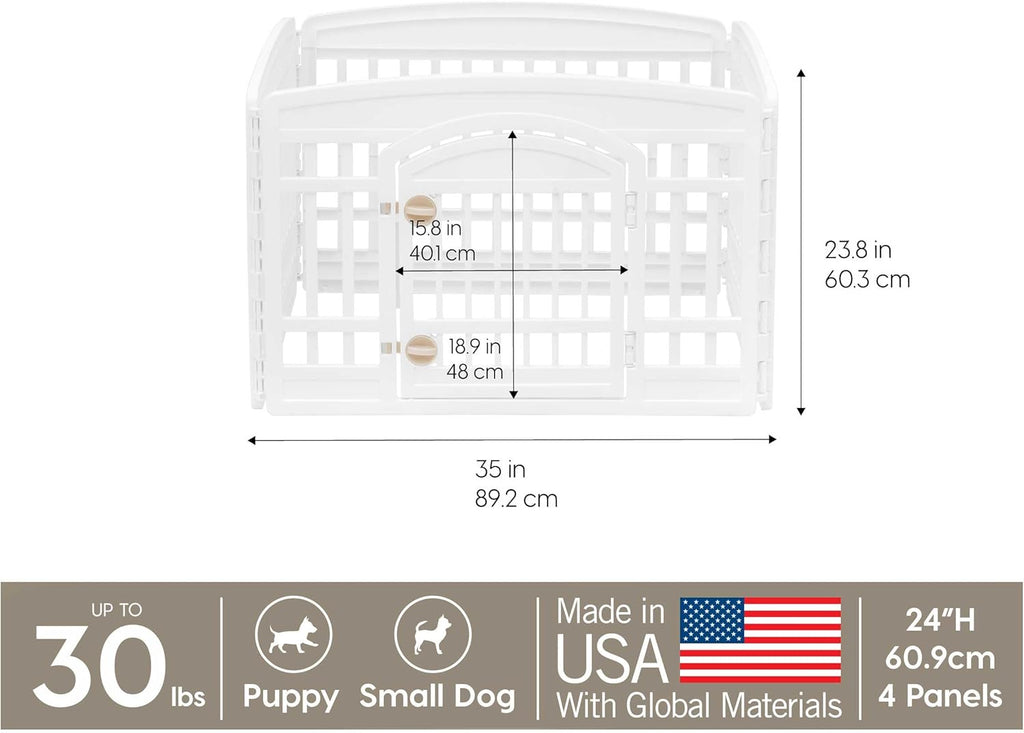 Dog Playpen with Door, 24” 4 Panel Pet Exercise Pen – Indoor Outdoor Puppy Play Pen, Portable Plastic Pet Fence for Small Medium Dogs, Foldable 35” X 35” X 24”, White