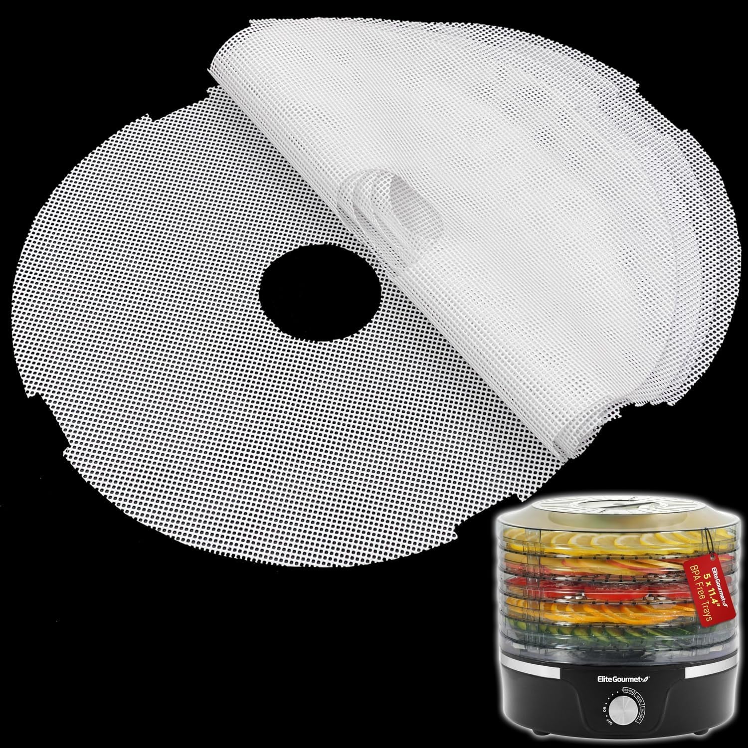 round Silicone Dehydrator Sheets for Elite Gourmet, Non-Stick BPA Free, Pack of 5 (Premium Reusable Food Dehydrator Mesh Mats)