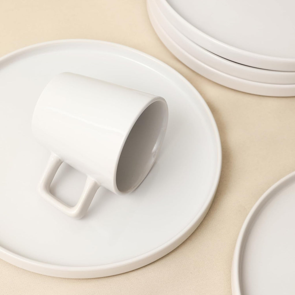 Celina Modern Stoneware 16-Piece Dinnerware Set, Plates and Bowls Set, White Glossy, Dish Set Service for 4