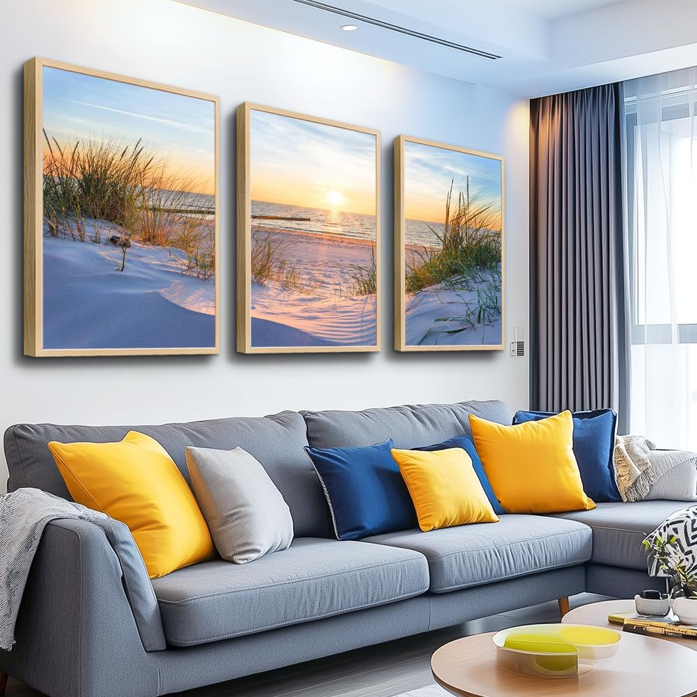 Natural Wood Framed Wall Art - Set of 3 Piece Framed Art Prints for Living Room, Bedroom, Office Wall Decor - Blue Beach Seascape Paintings Home Decor